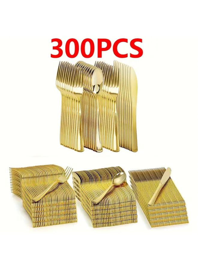 300 قطعة من مجموعة أدوات المائدة الذهبية الفاخرة والمتينة: شوك وملاعق للحفلات والأعراس والمناسبات - Image 1