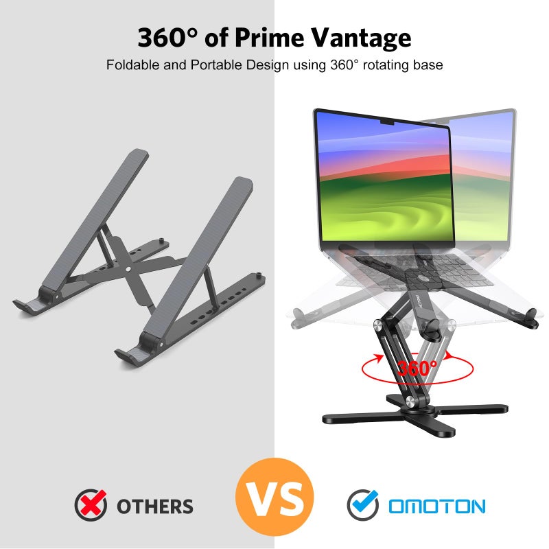 Omoton حامل لابتوب OMOTON 360° دوار للمكتب، قابل للطي بتصميم مريح، ارتفاع وزوايا قابلة للتعديل للعمل التعاوني، سهل التخزين يناسب أجهزة ماك بوك، وجميع اللابتوبات حتى 16 بوصة، أسود - Image 2