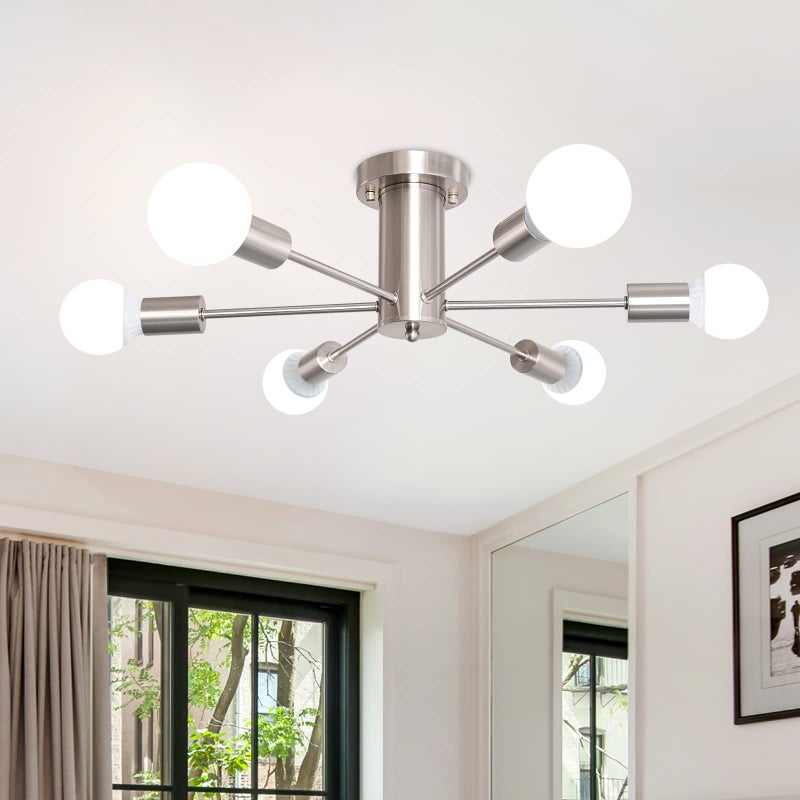 MRHYSWD Modern Vintage Industrial Ceiling Light, 6 Chandelier Lights, E27 Ceiling Light, Bedroom, Living Room, Bathroom, Kitchen, Hallway, Dining Room Straw Entrance, Without Bulbs - Image 1