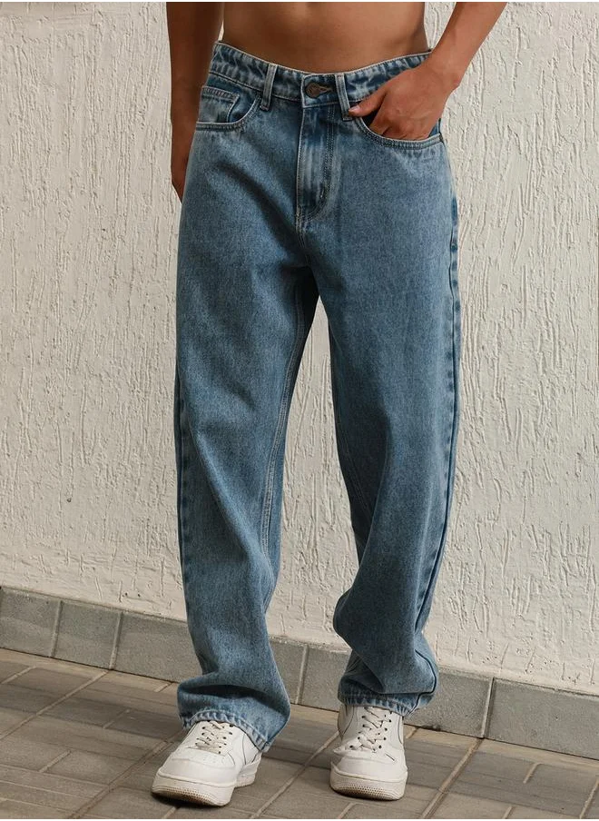هوبرهولمي Men's Indigo 100% Cotton Bleached Full Length Loose Jeans