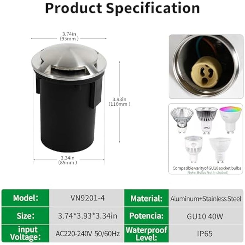 V.nice LED Underground Light – IP65 Waterproof, GU10 Socket, 40W Max, Stainless Steel Deck Light for Driveways, Pathways, Patios, 3 Variants (Bulbs Not Included) - Image 2