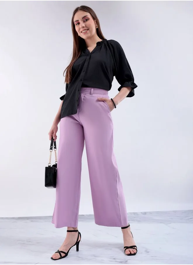 Freehand Women Flared Solid Mid-Rise Trousers With Elasticated Waistband