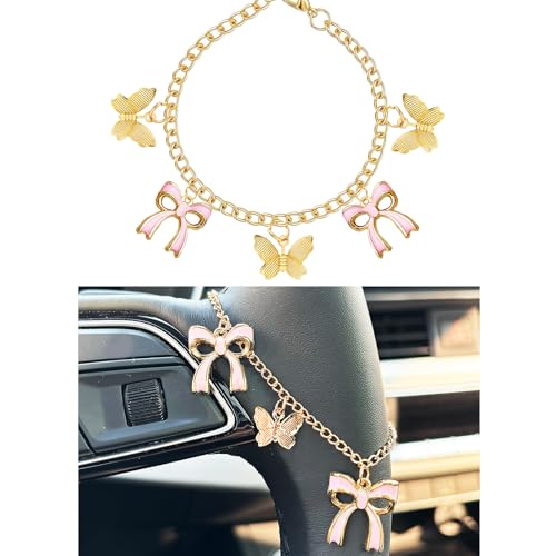 Joytezz Steering Wheel Charm Accessory Pink Bow Butterfly Pendant Car Decor Rearview Mirror Hanging Charm Women Teen Girl Gifts Gold - Image 1