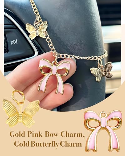 Joytezz Steering Wheel Charm Accessory Pink Bow Butterfly Pendant Car Decor Rearview Mirror Hanging Charm Women Teen Girl Gifts Gold - Image 2