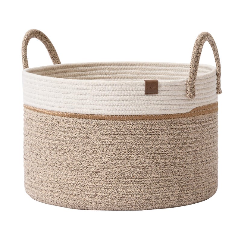 MAM La Jolíe Muse Large Storage Basket - Cotton Rope Laundry Basket with Handle for Diaper Blanket Toy Towel Woven Laundry Basket Home Decor, White & Desert-S - Image 1