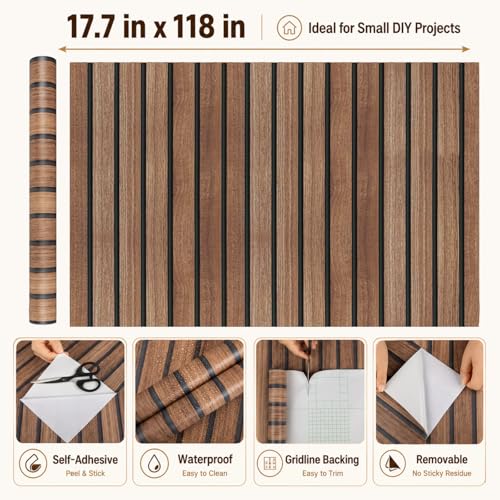 Abyssaly Wood Slat Peel and Stick Wallpaper, Brown Striped Wood Panel Grain Contact Paper, Removable Self Adhesive Faux Wooden Panel Wall Covering for Bedroom 17.7 in X 118 in - Image 3