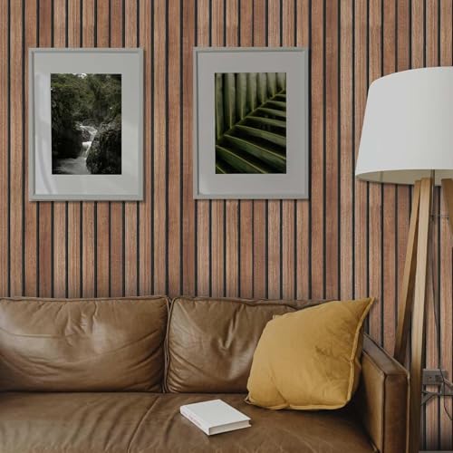 Abyssaly Wood Slat Peel and Stick Wallpaper, Brown Striped Wood Panel Grain Contact Paper, Removable Self Adhesive Faux Wooden Panel Wall Covering for Bedroom 17.7 in X 118 in - Image 2