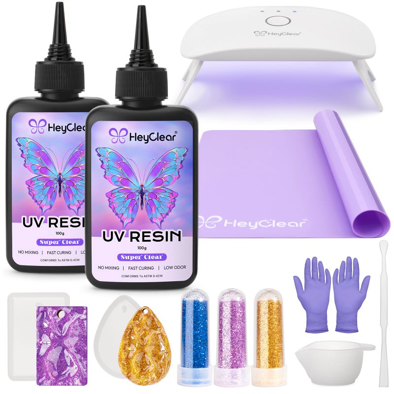 HeyClear UV Resin Kit with Light 200g Crystal Clear Hard Resina UV Light Fast Curing UV Glue for Beginners Crafting Molds Jewelry Making DIY Craft Decorations - Image 2