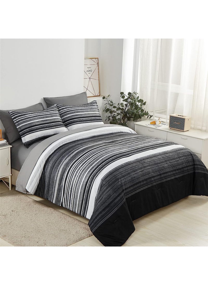 KAKIJUMN KAKIJUMN 5 Piece Bed in a Bag Stripe Comforter Set Twin Size  White Grey Black Patchwork Striped Comforter and Sheet Set  All Season Soft Microfiber Complete Bedding Sets(Grey Twin)  - Image 1