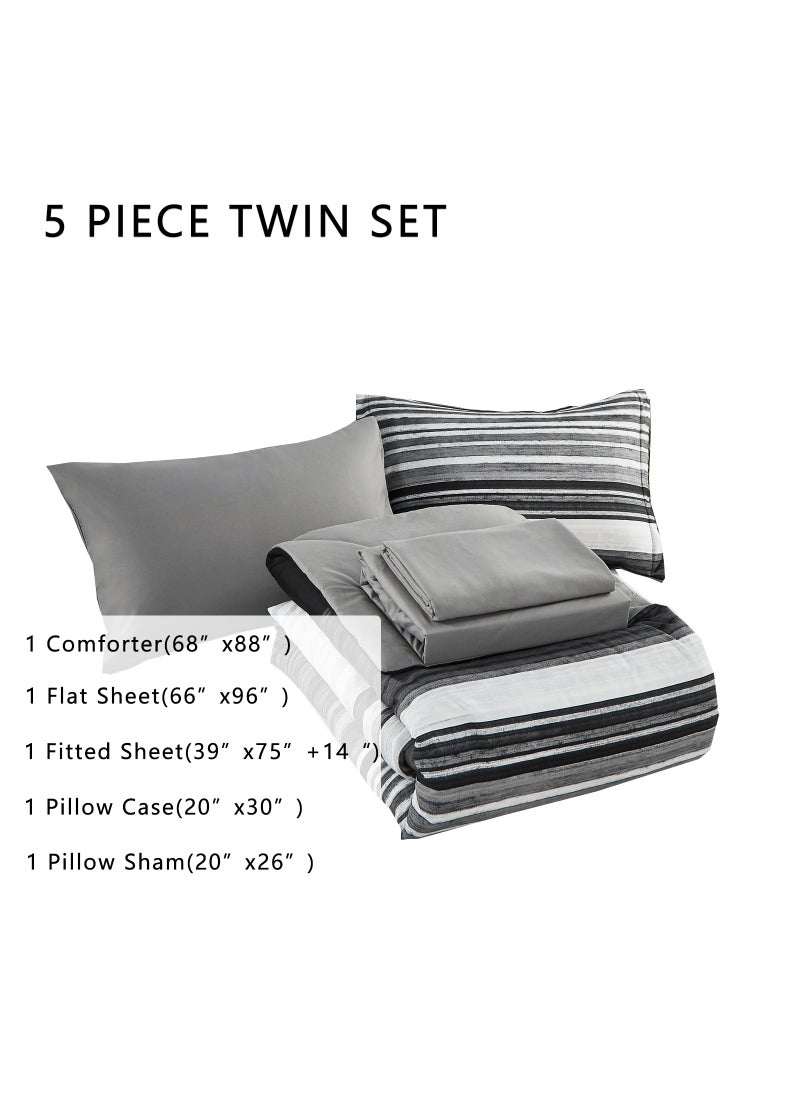 KAKIJUMN KAKIJUMN 5 Piece Bed in a Bag Stripe Comforter Set Twin Size  White Grey Black Patchwork Striped Comforter and Sheet Set  All Season Soft Microfiber Complete Bedding Sets(Grey Twin)  - Image 2