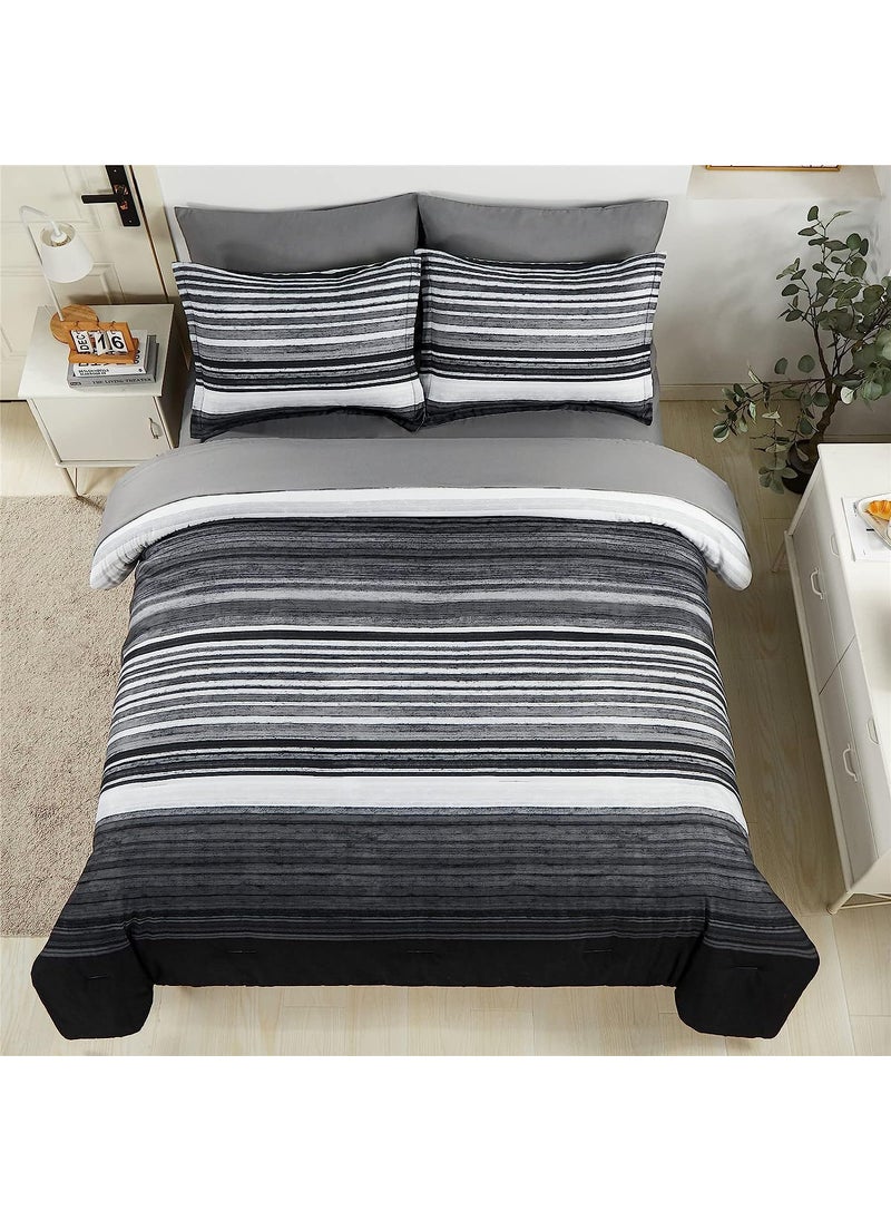 KAKIJUMN KAKIJUMN 5 Piece Bed in a Bag Stripe Comforter Set Twin Size  White Grey Black Patchwork Striped Comforter and Sheet Set  All Season Soft Microfiber Complete Bedding Sets(Grey Twin)  - Image 3