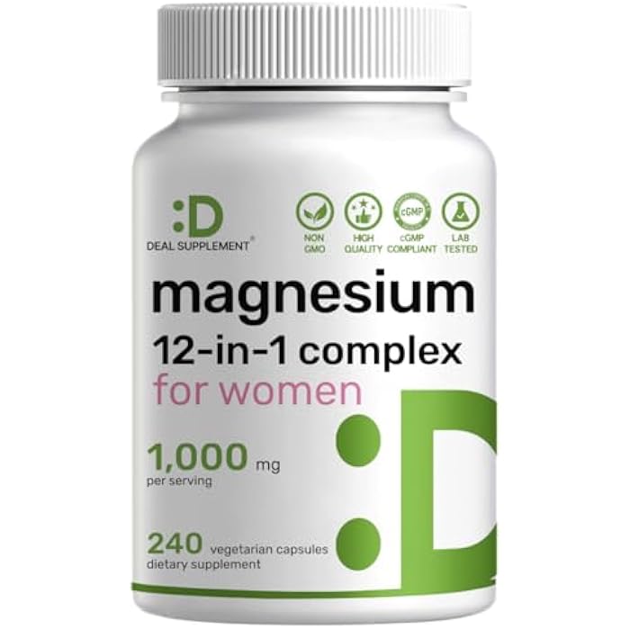 DEAL SUPPLEMENT 12‑in‑1 Magnesium Complex for Women 1,000 mg, 240 Vegetarian Capsules | Magnesium Glycinate, Citrate, Malate, Taurate, Orotate, Oxide & More | Chelated & Purified for Better Absorption - Image 1