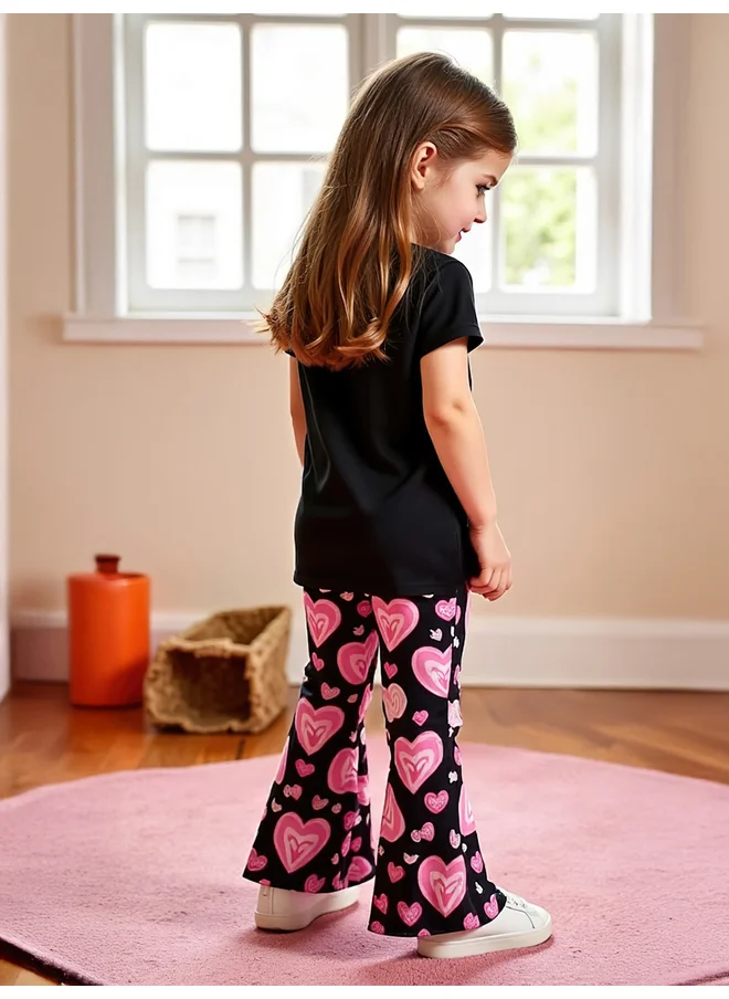 تايك تو Take Two Kids Pink Love Heart Printed T-Shirt & Flare Pants 2pcs Set