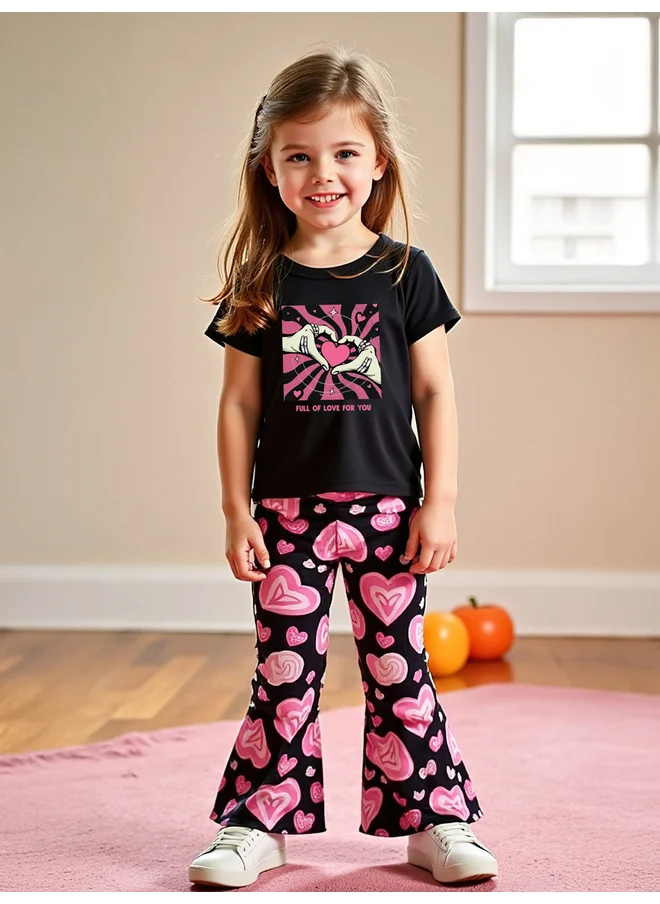 تايك تو Take Two Kids Pink Love Heart Printed T-Shirt & Flare Pants 2pcs Set