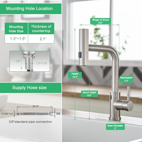 CENOSA Touchless Kitchen Faucet Motion Sensor Hands Free Single Handle Kitchen Sink Faucet with Pull Down Sprayer Brusshed Nickel - Image 3