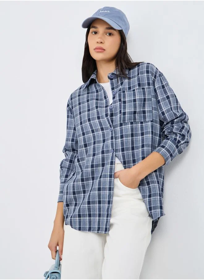 Styli Styli Checkered Print Spread Collar Oversized Shirt