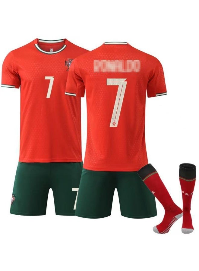 HOMESTAR Kids Football Jersey Set, New Portugal Ronaldo Jersey 7 With Socks Kids Soccer Uniform Set, Breathable Athletic Wear - Portugal 7 Football Jersey For Children, Kids Soccer Shirt Sportswear Set, Ideal For Fans and Players - Image 1