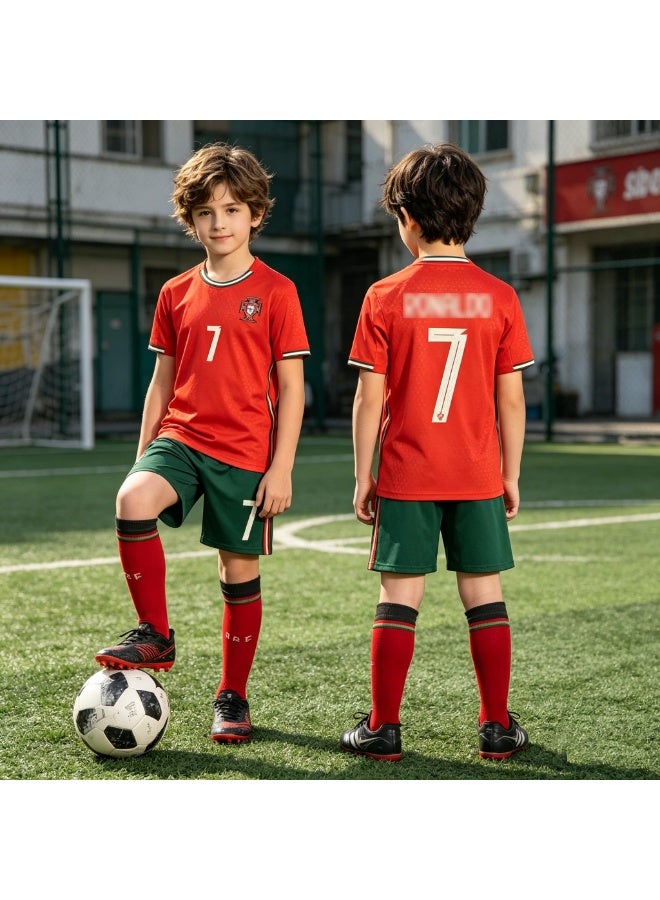 HOMESTAR Kids Football Jersey Set, New Portugal Ronaldo Jersey 7 With Socks Kids Soccer Uniform Set, Breathable Athletic Wear - Portugal 7 Football Jersey For Children, Kids Soccer Shirt Sportswear Set, Ideal For Fans and Players - Image 3