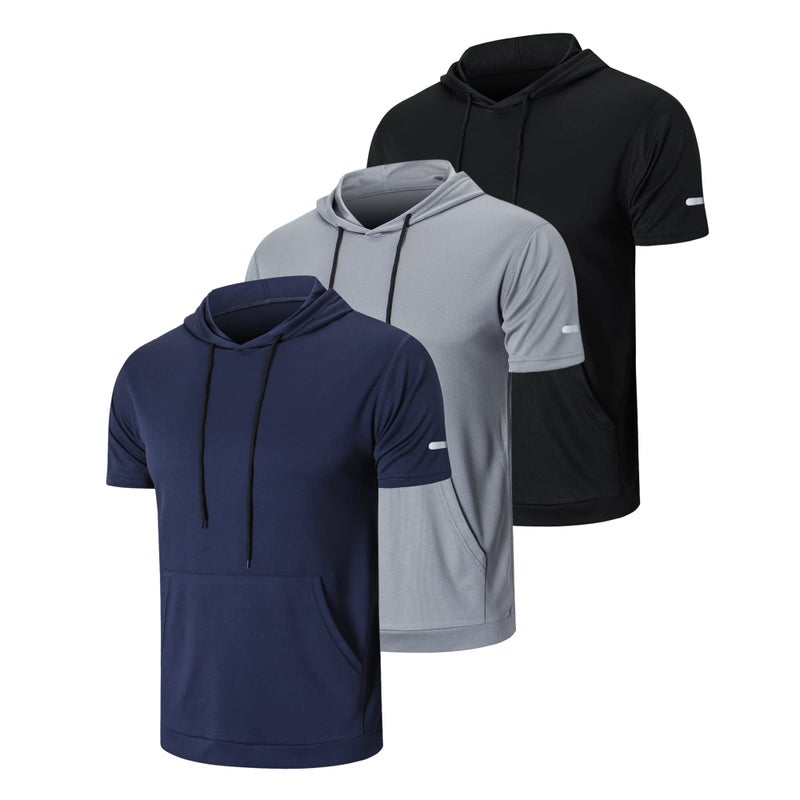 frueo Men's 3 Pack Workout Shirts Quick Dry Moisture Wicking Short Sleeve Mesh Athletic T-Shirts with Hoods,Black Gray Navy,2XL - Image 1