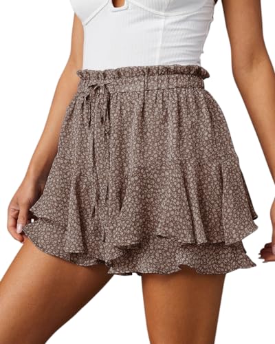Aoudery Flowy Shorts for Women Casual Boho Floral Skorts Ruffle Mini Skirts Running Tennis Butterfly Chiffon Shorts- Floral Brown XXL - Image 1