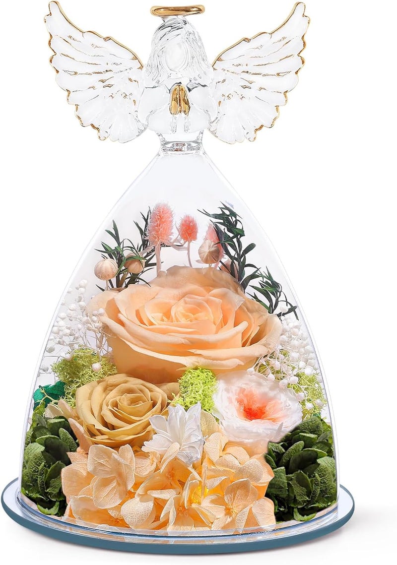 FIACO Preserved Rose Christmas Birthday Gifts for Women Forever Fresh Flowers Delivery Gifts for Mom Grandma Wife Anniversary Eternal Roses in Glass Angel Figurines - Image 1