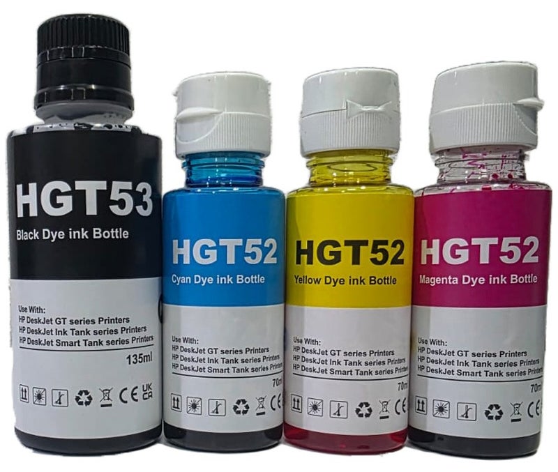 High Quality GT53 Black GT52 Color series Refill Ink Compatible for HP GT Series 310 315 319 410 415 419 5810 5820 5821 1 Black Bottle in 135 ml and Cyan Yellow Magenta Colour 70 ml Bottles.