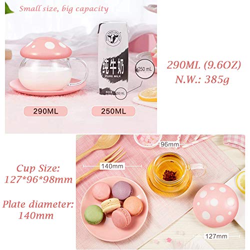 Rain House Mushroom Tea Cup Set, Cute Glass Tea Cups and Saucers, Kawaii Tea Cup with Infuser for Loose Leaf Tea Steeper, Coffee Mug Gift for Women, Tea Infuser Mug with Lid for Mother Girls (Pink) - Image 5