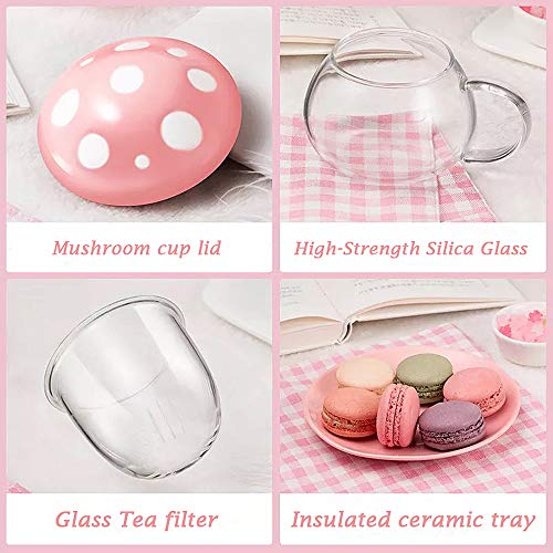 Rain House Mushroom Tea Cup Set, Cute Glass Tea Cups and Saucers, Kawaii Tea Cup with Infuser for Loose Leaf Tea Steeper, Coffee Mug Gift for Women, Tea Infuser Mug with Lid for Mother Girls (Pink) - Image 4