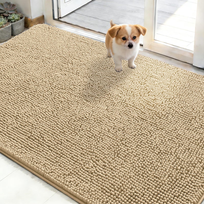 OLANLY Dog Door Mat for Muddy Paws 48x30, Absorbs Moisture and Dirt, Absorbent Non-Slip Washable Doormat, Quick Dry Chenille Mud Mat for Dogs, Entry Indoor Entryway Carpet for Inside Floor, Beige - Image 1