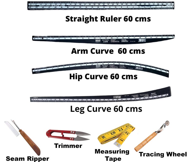 KHYATI Fashion Designing Scale Hard Plastic Scale (Set of 4) 1Leg Curve, 1Hip Curve, 1Arm Curve, 1Straight Ruler, 1 Measuring Tape, 1 Trimmer, 1 Seam Ripper, 1 Tracing Wheel - Image 2