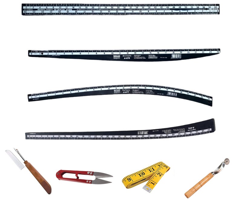 KHYATI Fashion Designing Scale Hard Plastic Scale (Set of 4) 1Leg Curve, 1Hip Curve, 1Arm Curve, 1Straight Ruler, 1 Measuring Tape, 1 Trimmer, 1 Seam Ripper, 1 Tracing Wheel - Image 1