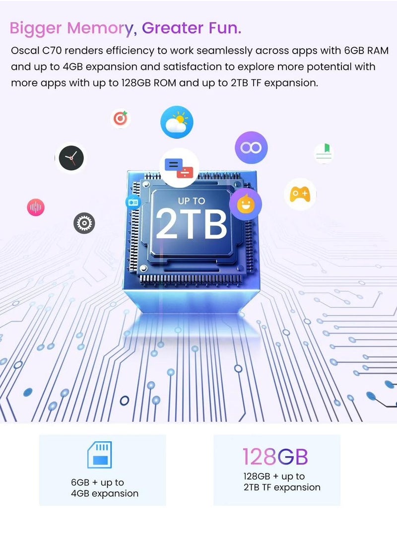 هاتف ذكي Oscal C70 بسعة 128 جيجابايت + 6 جيجابايت رام، شاشة عرض عالية الدقة 6.6 بوصة
