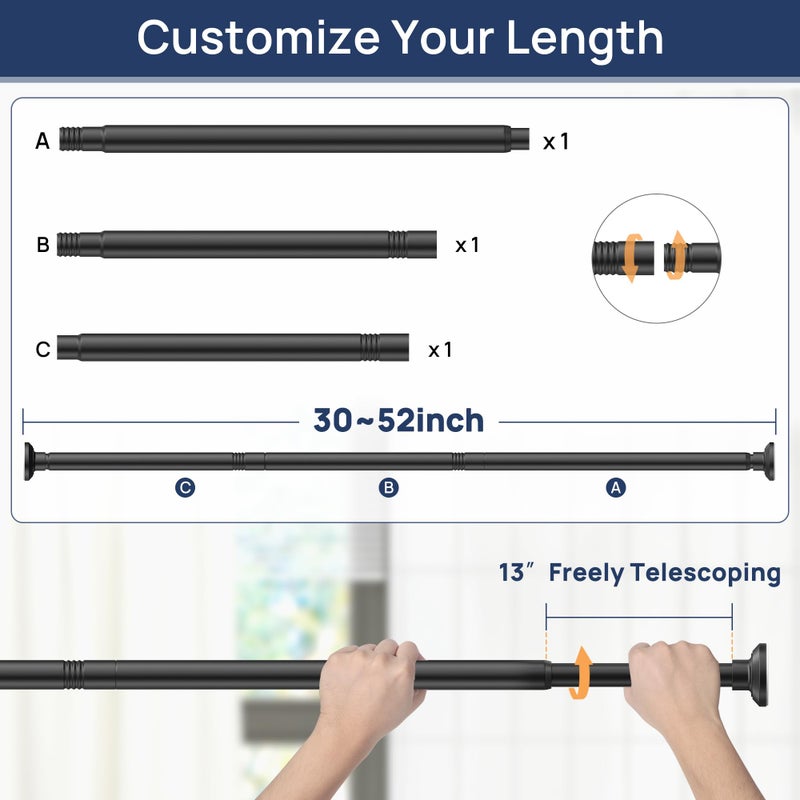 ENJOYBASICS Matte Black Shower Curtain Rod 30 to 52 Inches, 1 Inch Stainless Steel Adjustable Spring Tension Rods No Drill for Bathroom, Closet, Window, Room Divider, Never Rust, Non Slip - Image 2