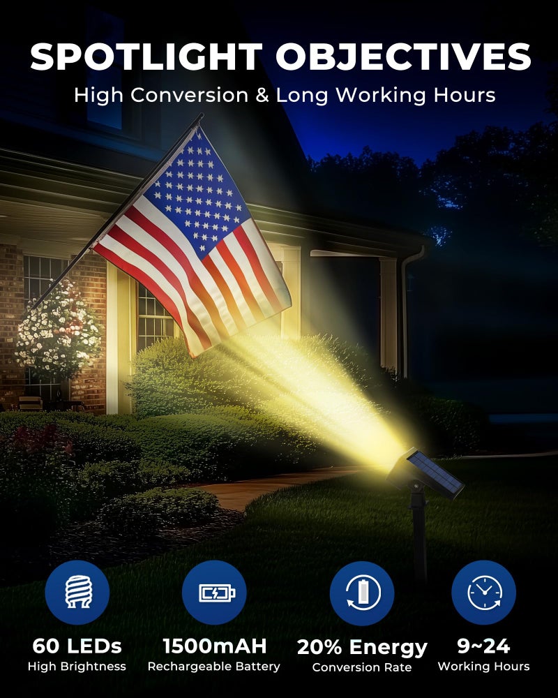 HGGH Solar Lights Outdoor Waterproof IP67, 60 LED 3 Lighting Modes Solar Spot Lights Outdoor for Yard Garden Pathway Landscape, Auto On/Off, Function 2 in 1(Warm White, 4 Pack) - Image 3