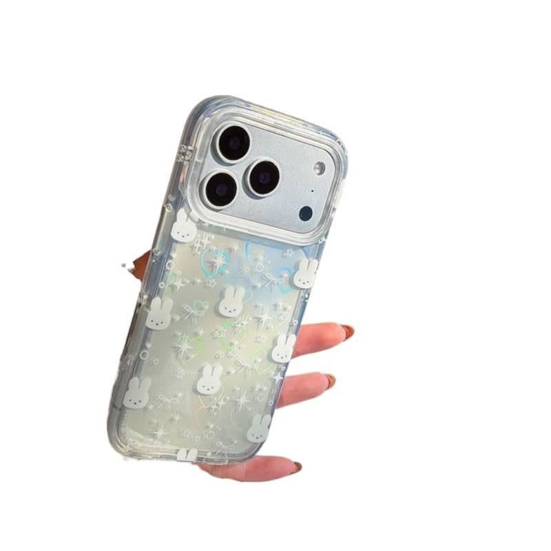 غطاء واقي بسيليكون باللون Laser من السيليكون لـ iPhone 15 / 15 Plus / 15 Pro / 15 Pro Max مع نقش أرنب بقوس وقلب ليزر وحماية من السقوط مع مقاوم للصدمات مع تصميم فيونكة خفيف الحمل - Image 1