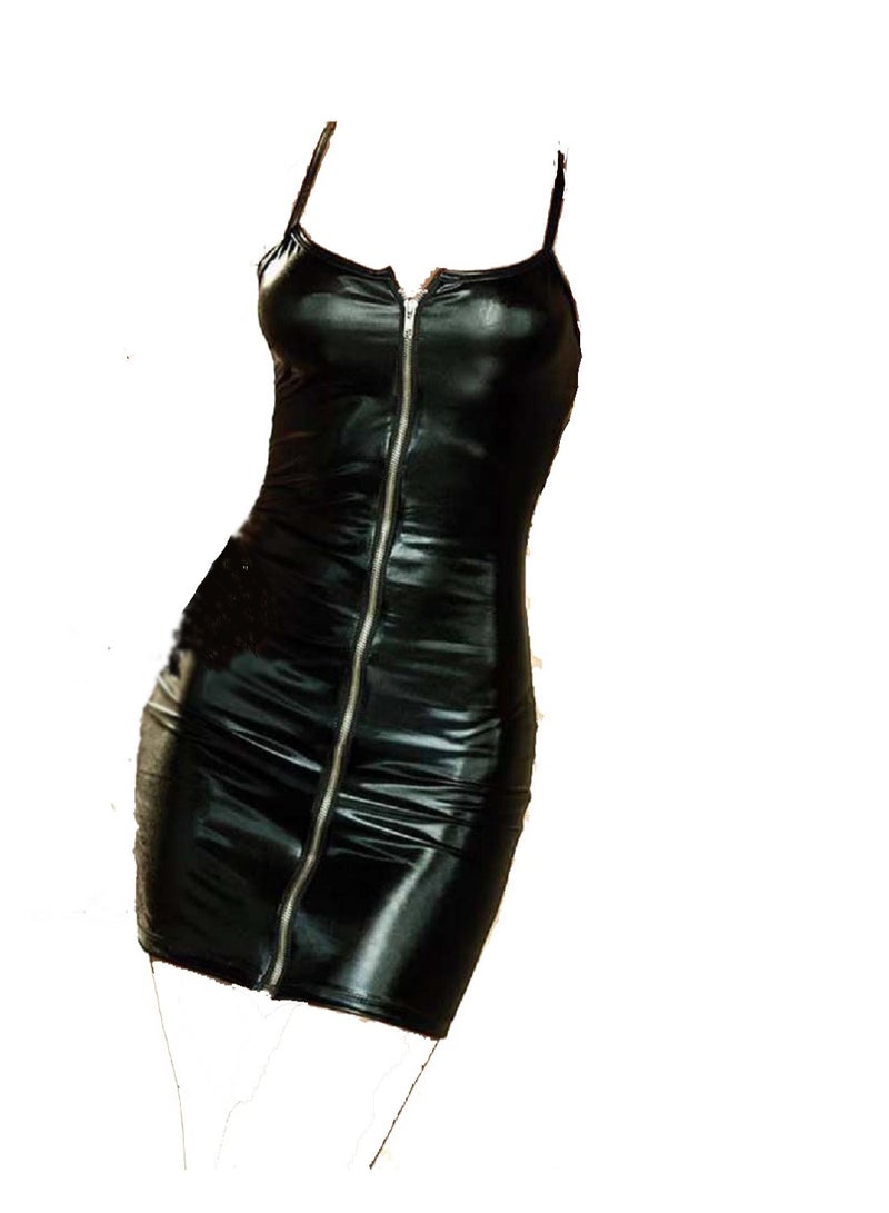 Women Shiny PU Leather Slim Fit Sheath Bodycon Cocktail Party Mini Dress Black - Image 2