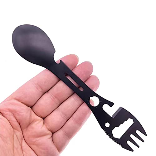 Qishing Multifunctional Outdoor Fork Spoon Detachable Tableware,10-in-1 Utility Tactical Spork, Stainless Steel Spoon & Bottle Opener, Fork & Knife, Combo Camping Utensil for Hiking(Black，2pcs) - Image 2