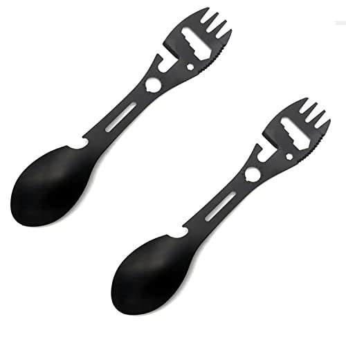Qishing Multifunctional Outdoor Fork Spoon Detachable Tableware,10-in-1 Utility Tactical Spork, Stainless Steel Spoon & Bottle Opener, Fork & Knife, Combo Camping Utensil for Hiking(Black，2pcs) - Image 1