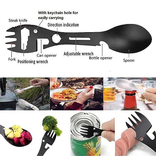 Qishing Multifunctional Outdoor Fork Spoon Detachable Tableware,10-in-1 Utility Tactical Spork, Stainless Steel Spoon & Bottle Opener, Fork & Knife, Combo Camping Utensil for Hiking(Black，2pcs) - Image 4
