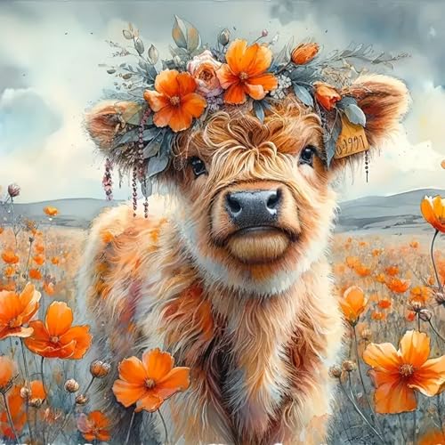 KTHOFCY 5D DIY Diamond Painting Kits for Adults Highland Cow with Flower Full Drill Embroidery Cross Stitch Crystal Rhinestone Paintings Pictures Arts Wall Decor Painting Dots Kits 118X118 inch - Image 1