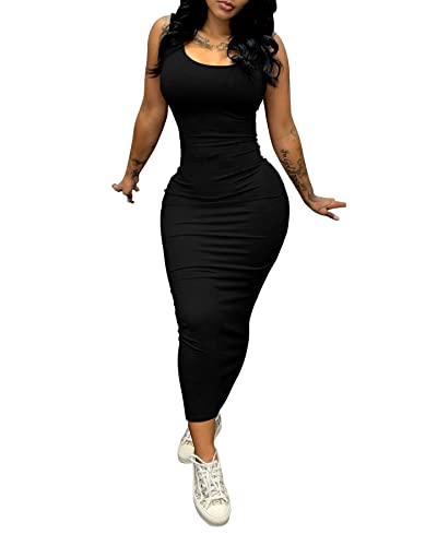 PINSV Women's Sexy Bodycon Tank Dress Basic Sleeveless Long Maxi Dresses Party Club Beach Sundresses Black L - Image 2