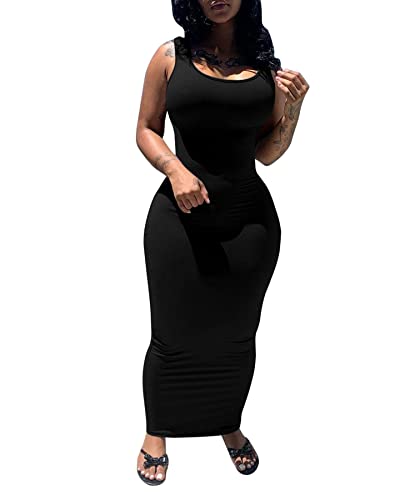 PINSV Women's Sexy Bodycon Tank Dress Basic Sleeveless Long Maxi Dresses Party Club Beach Sundresses Black L - Image 1