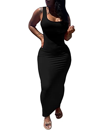 PINSV Women's Sexy Bodycon Tank Dress Basic Sleeveless Long Maxi Dresses Party Club Beach Sundresses Black L - Image 3