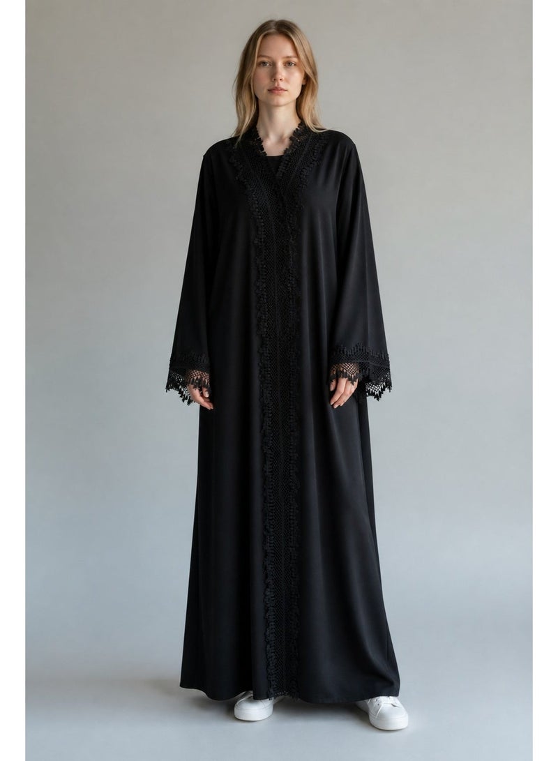 AMA_Apparel Women's Black Floral Lace Open Front Abaya - Lujain | Modest Long Sleeve Evening Maxi - Image 1