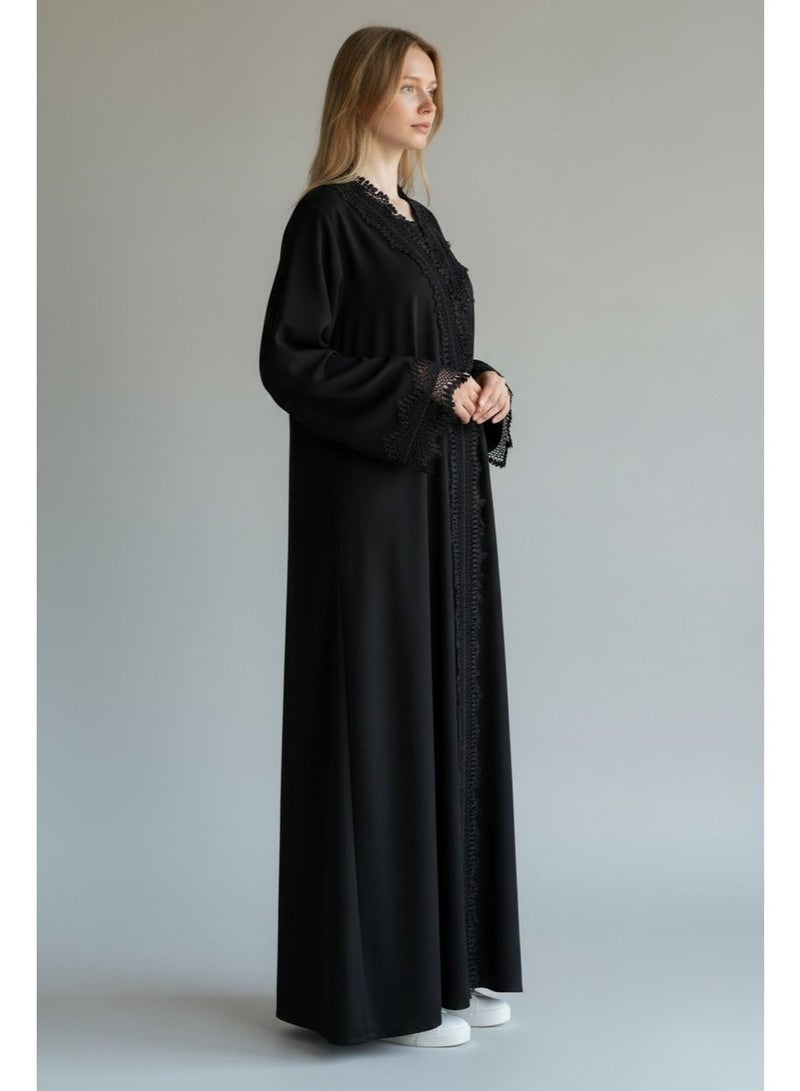 AMA_Apparel Women's Black Floral Lace Open Front Abaya - Lujain | Modest Long Sleeve Evening Maxi - Image 2
