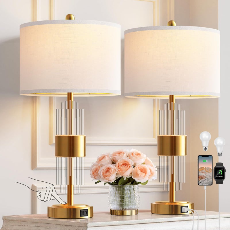 QiMH Table Lamp for Living Room with USB A+C Ports, Gold Bedside Lamps for Bedrooms Set of 2 with Touch Control, Modern Nightstand Lamp White Lamp Shade Home Office Decor (2700K LED Bulb Included) - Image 1