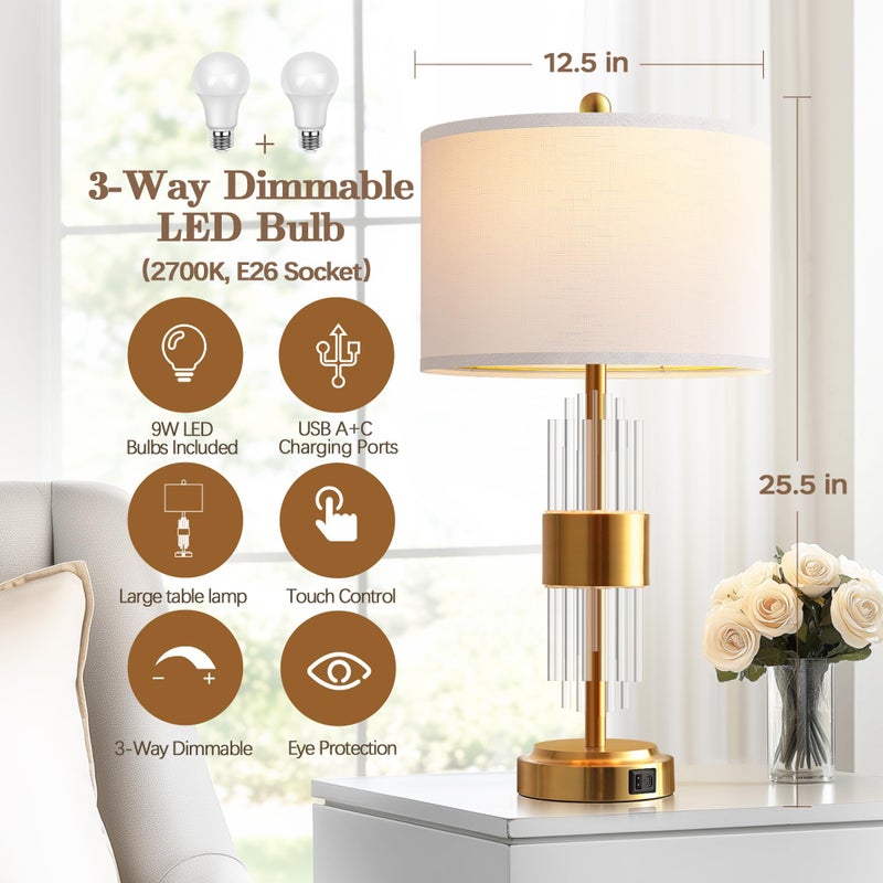 QiMH Table Lamp for Living Room with USB A+C Ports, Gold Bedside Lamps for Bedrooms Set of 2 with Touch Control, Modern Nightstand Lamp White Lamp Shade Home Office Decor (2700K LED Bulb Included) - Image 5