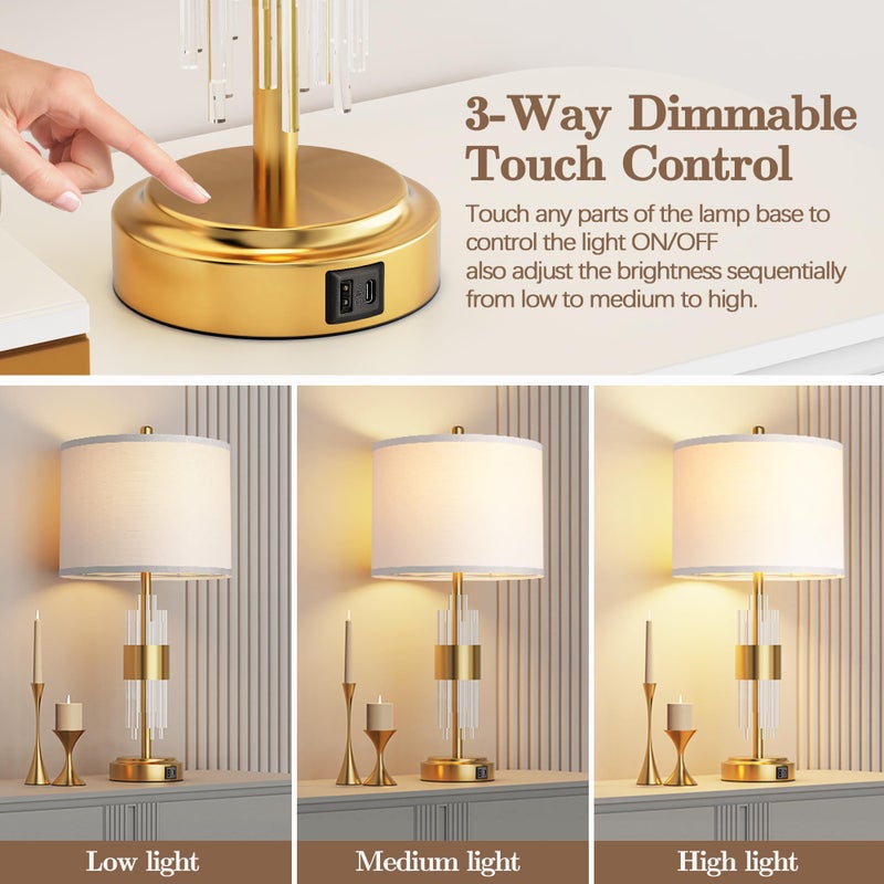 QiMH Table Lamp for Living Room with USB A+C Ports, Gold Bedside Lamps for Bedrooms Set of 2 with Touch Control, Modern Nightstand Lamp White Lamp Shade Home Office Decor (2700K LED Bulb Included) - Image 2