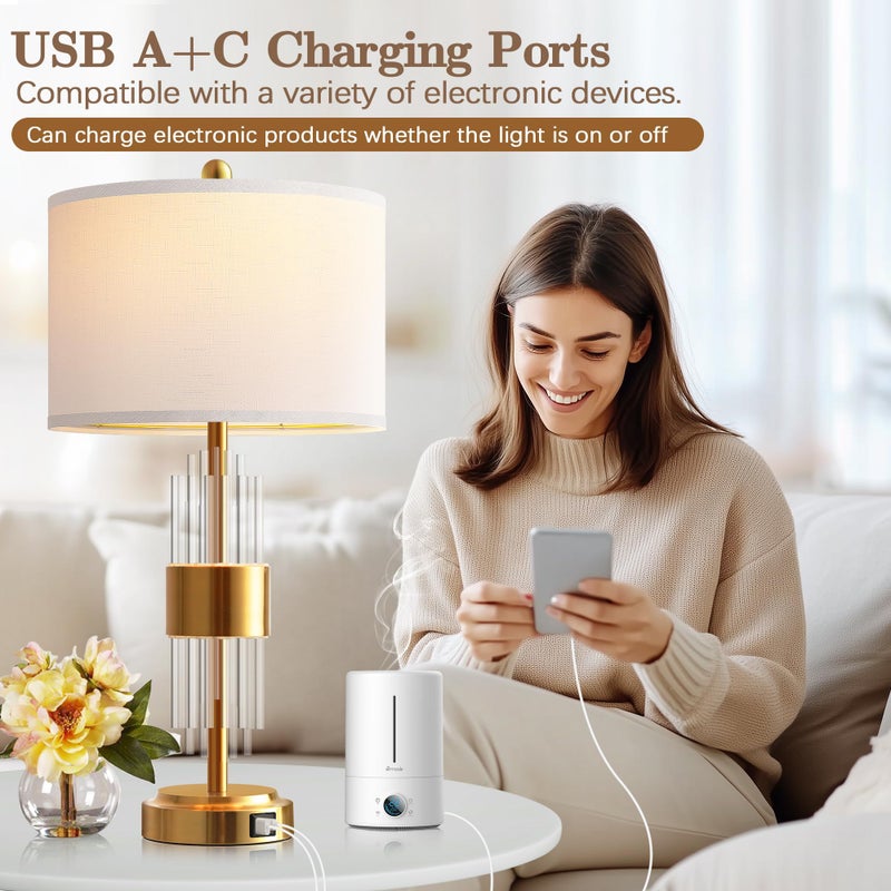QiMH Table Lamp for Living Room with USB A+C Ports, Gold Bedside Lamps for Bedrooms Set of 2 with Touch Control, Modern Nightstand Lamp White Lamp Shade Home Office Decor (2700K LED Bulb Included) - Image 4