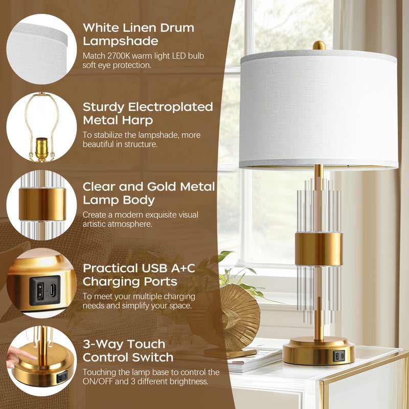 QiMH Table Lamp for Living Room with USB A+C Ports, Gold Bedside Lamps for Bedrooms Set of 2 with Touch Control, Modern Nightstand Lamp White Lamp Shade Home Office Decor (2700K LED Bulb Included) - Image 3